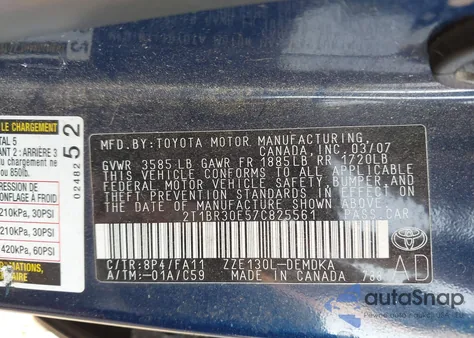 2007 Toyota Corolla Ce z USA, uszkodzony, nr VIN 2T1BR30E57C825561